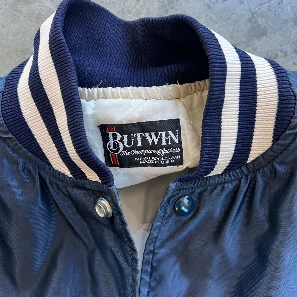 Vintage Butwin Onan Satin Varsity Bomber Jacket USA Navy Blue Men’s XL XXL - Picture 2 of 8